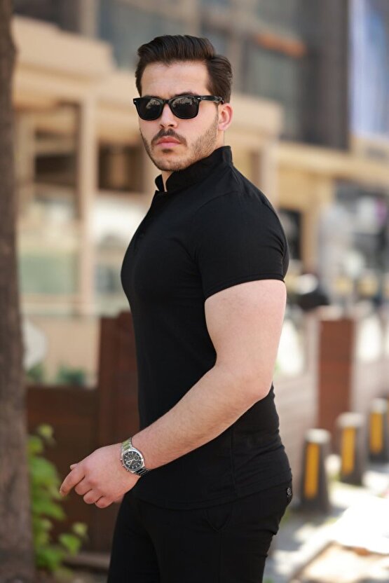 munn collection Erkek Hakim Yaka Dokuma Pamuklu Kumaş Kısa Kollu T-shirt