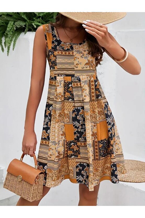 Kadın Sıfır Kol Yuvarlak Yaka çiçek Desenli Süprem Elbise