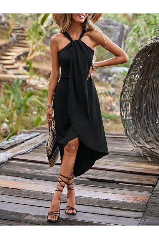 Kadın Omuzlardan Açık Boyundan Geçmeli Asimetrik Kesim Detaylı Viskon Elbise