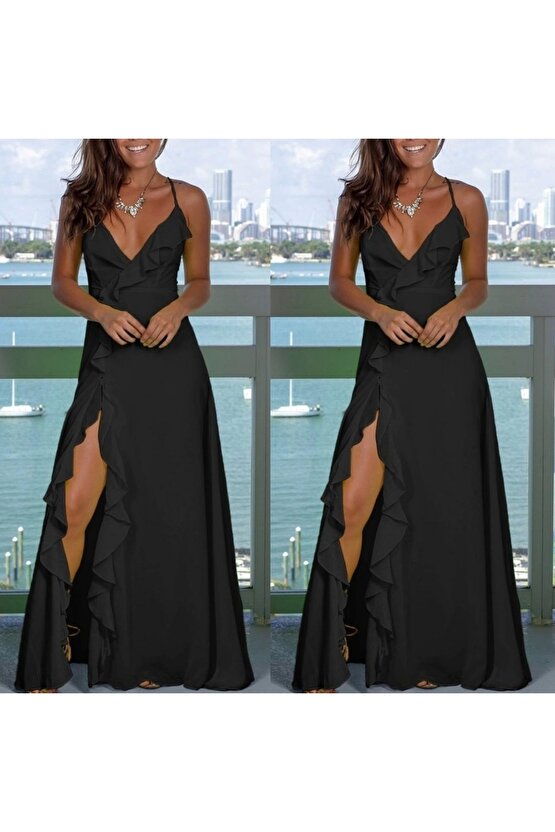 Kadın Ip Askılı Dekolteli Yırtmaç Detay Krep Elbise