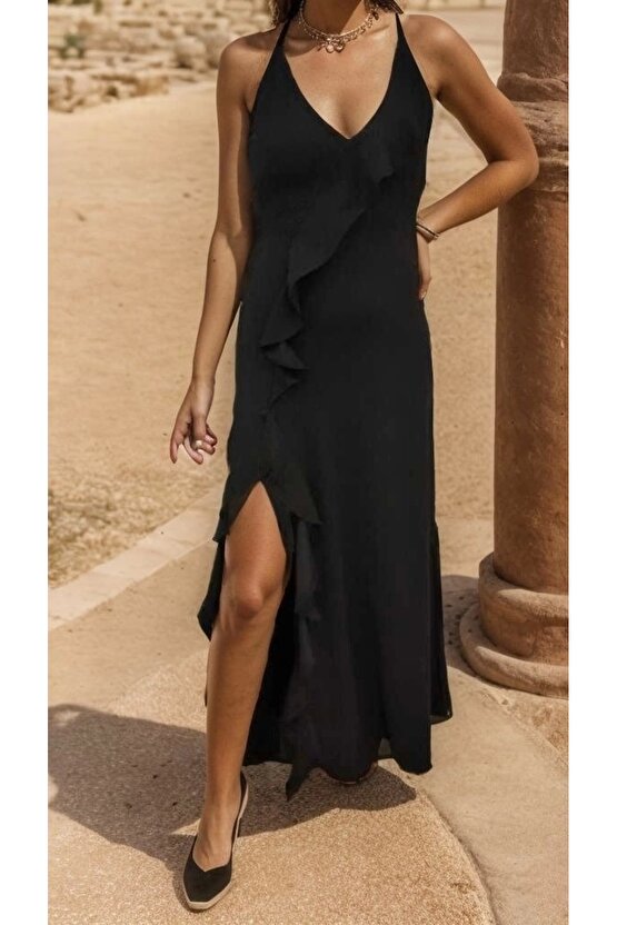 Kadın Ip Askılı Dekolteli Yırtmaç Detay Krep Elbise