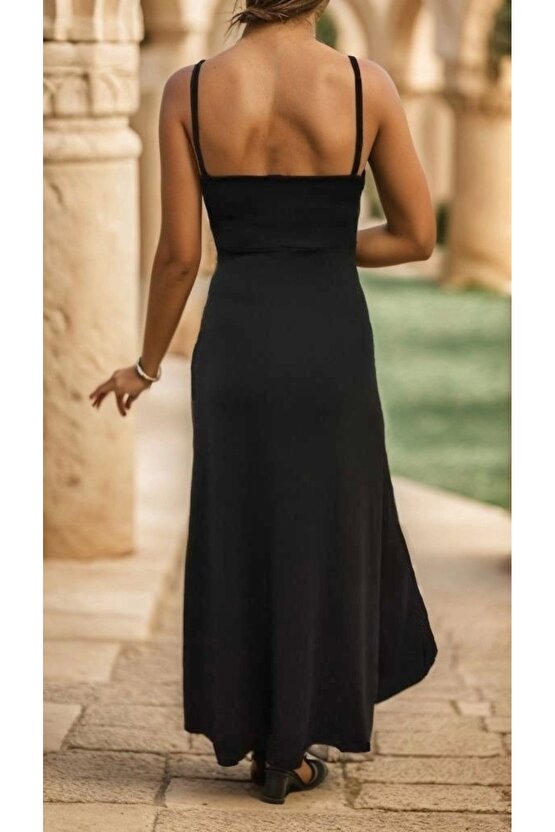 Kadın Ip Askılı Dekolteli Yırtmaç Detay Krep Elbise