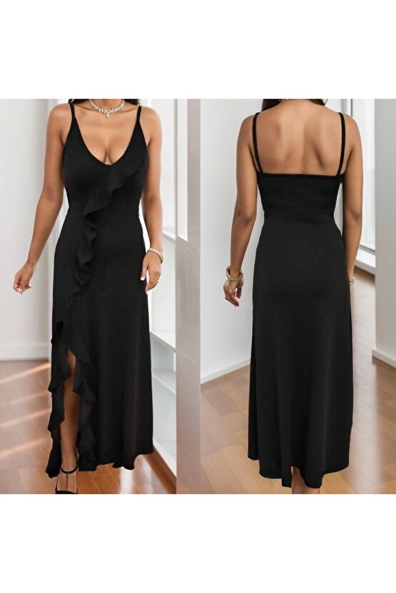 Kadın Ip Askılı Dekolteli Yırtmaç Detay Krep Elbise