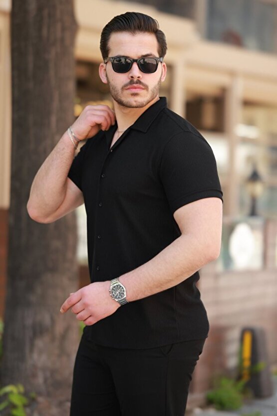 munn collection Erkek Ottoman Kumaş Apaj Yaka Kısa Kollu Gömlek