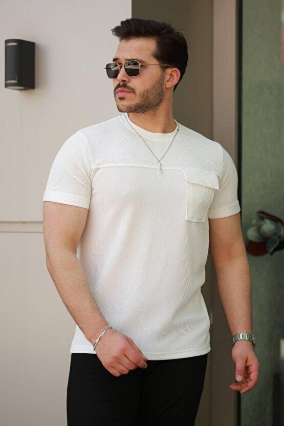 Erkek Cepli Kolyeli Kısa Kollu örme Kumaş T-shirt