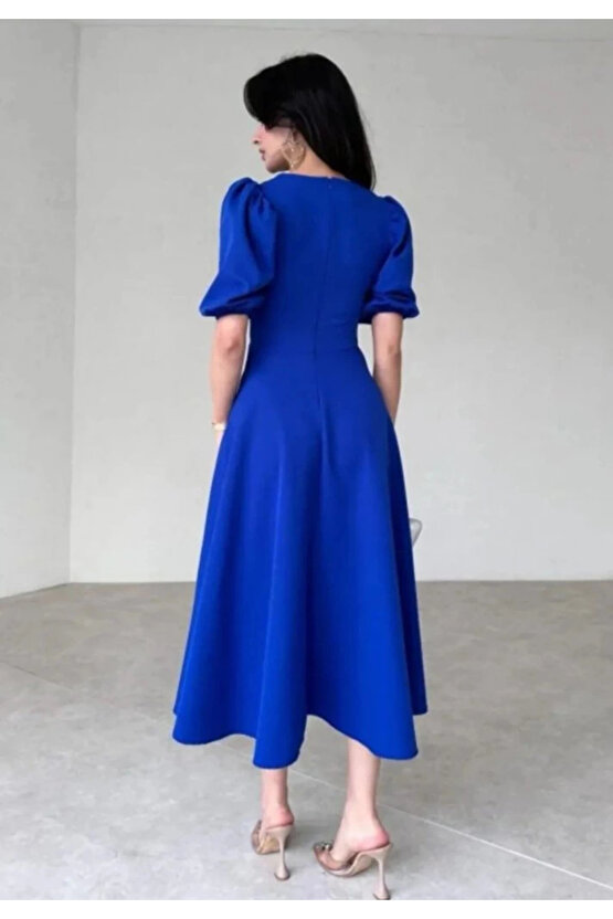 Kadın Kısa Balon Kollu Bisiklet Yaka Geniş Kesim Janjan Krep Elbise