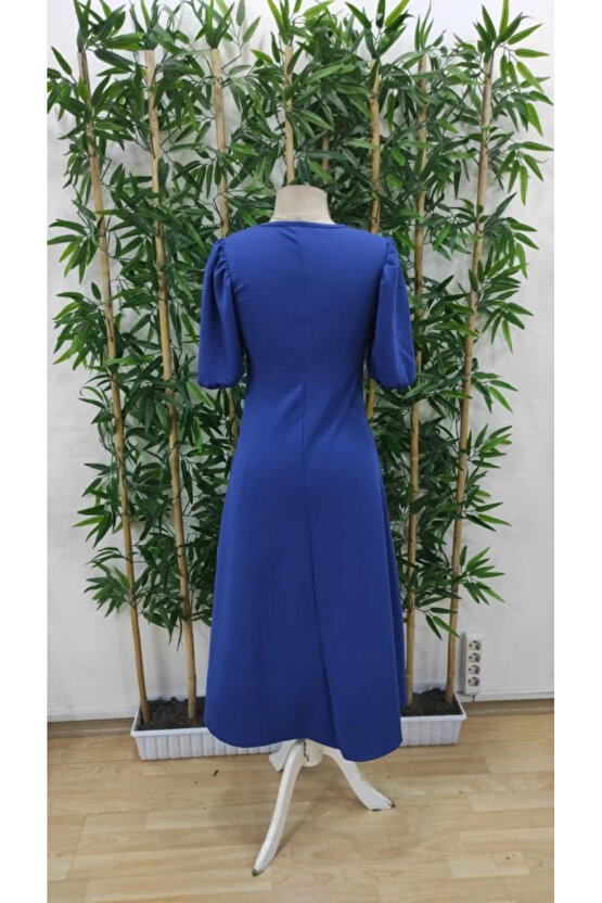 Kadın Kısa Balon Kollu Bisiklet Yaka Geniş Kesim Janjan Krep Elbise