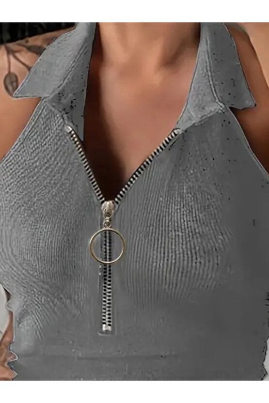 munn collection Kadın Kolsuz Polo Yaka önü Fermuarlı Kaşkorse Bluz