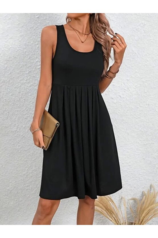 Kadın Askılı Yuvarlak Yaka önden Pileli Viskon Elbise