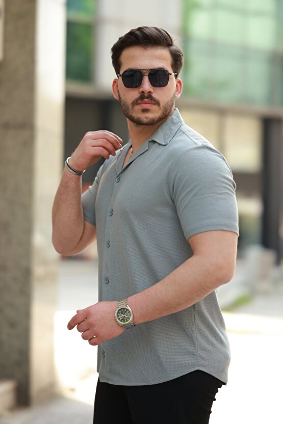 munn collection Erkek Apaç Yaka örme Kumaş Kısa Kollu Gömlek