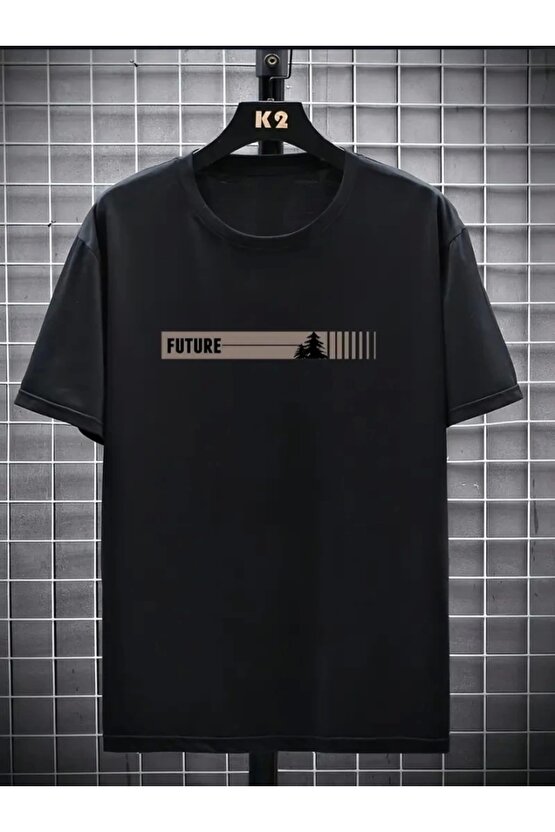 Baskılı Oversize Bisiklet Yaka T-shirt - Siyah