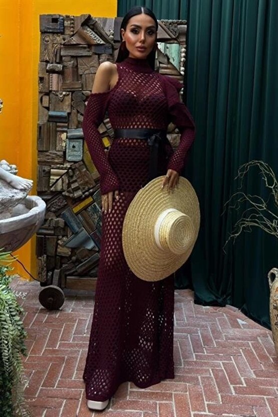 Saten Kuşaklı Ajurlu Triko Elbise 2847