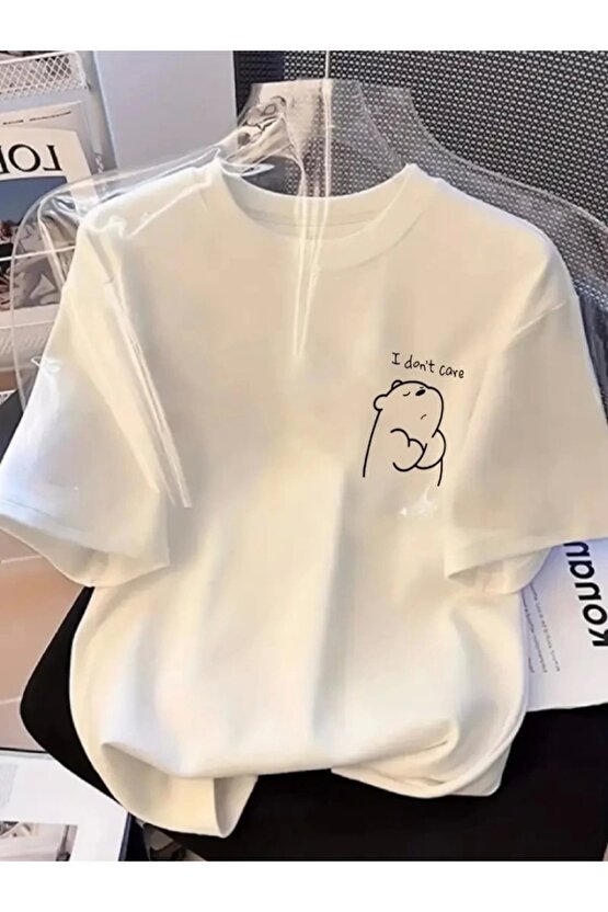 Baskılı Oversize Bisiklet Yaka T-shirt - Beyaz