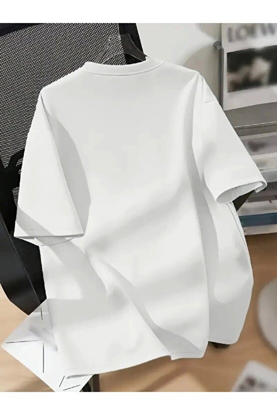 Baskılı Oversize Bisiklet Yaka T-shirt - Beyaz