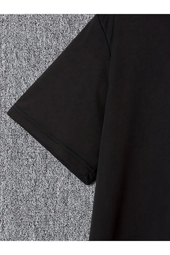 Baskılı Oversize Bisiklet Yaka T-shirt - Siyah