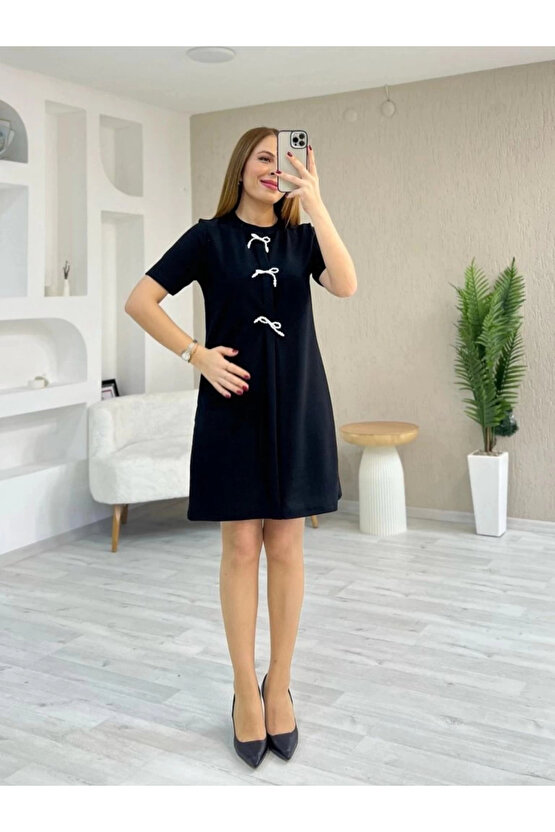 MDB Kadın Kısa Kollu Bisiklet Yaka önden Fiyonk Detaylı Ithal Krep Elbise