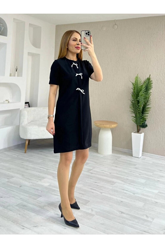 MDB Kadın Kısa Kollu Bisiklet Yaka önden Fiyonk Detaylı Ithal Krep Elbise