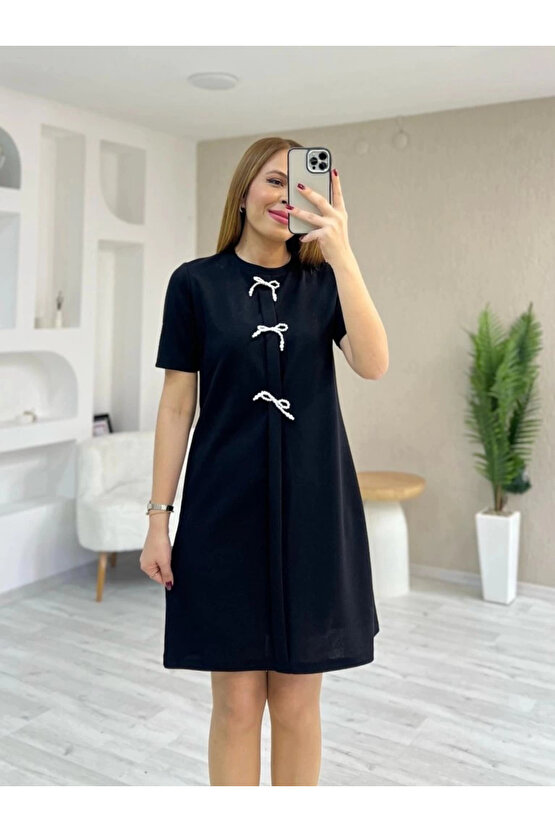 MDB Kadın Kısa Kollu Bisiklet Yaka önden Fiyonk Detaylı Ithal Krep Elbise