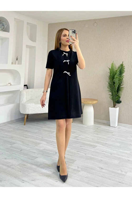 MDB Kadın Kısa Kollu Bisiklet Yaka önden Fiyonk Detaylı Ithal Krep Elbise