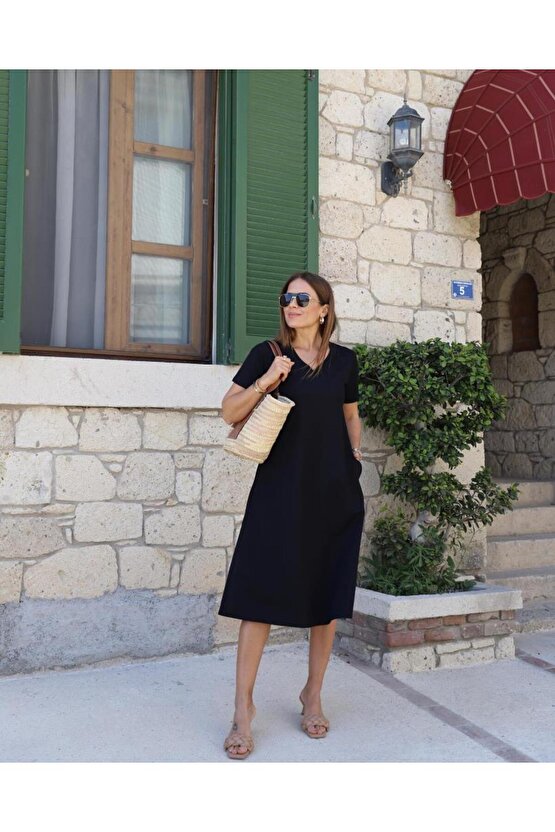 Kadın Kısa Kollu V Yaka Cepli A Kesim Detaylı Viskon Elbise