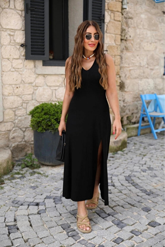 MDB Kadın Askılı V Yakalı Yırtmaçlı Viskon Elbise