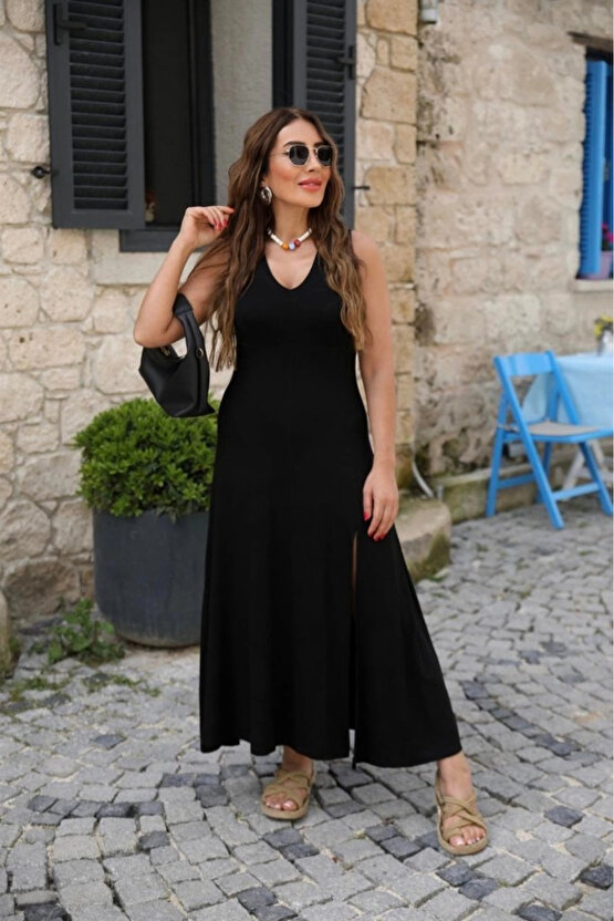 MDB Kadın Askılı V Yakalı Yırtmaçlı Viskon Elbise