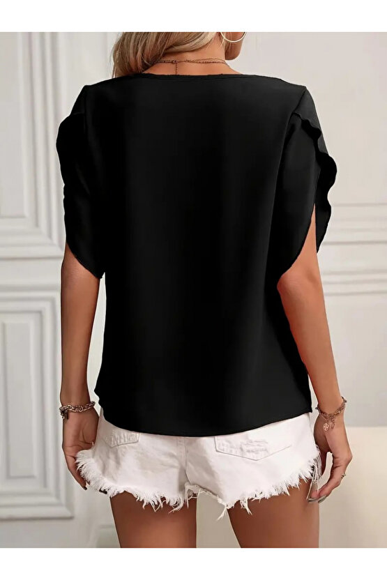 munn collection Kadın Kısa Kollu Yaka Ve Kol Detay Jesica Bluz