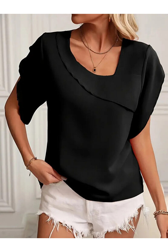 munn collection Kadın Kısa Kollu Yaka Ve Kol Detay Jesica Bluz