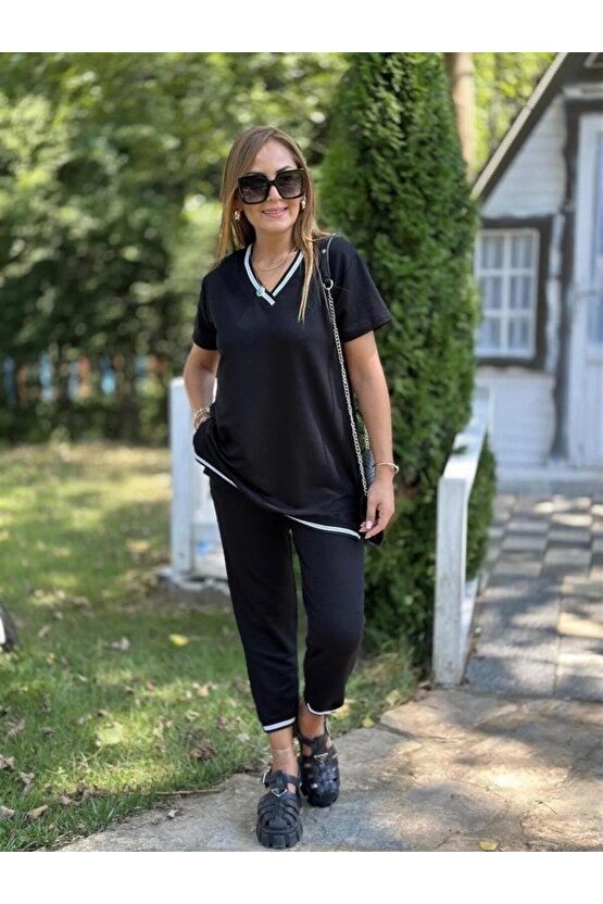 Kadın Kısa Kollu V Yakalı Iki Iplik Bluz Ve Pantolon Ikili Takım