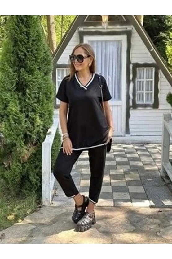 Kadın Kısa Kollu V Yakalı Iki Iplik Bluz Ve Pantolon Ikili Takım