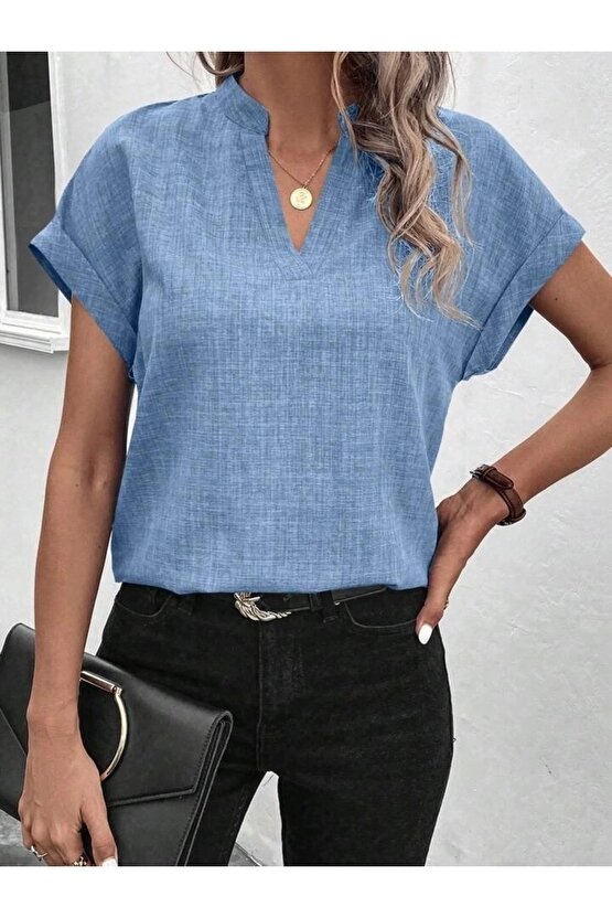 Kadın Kısa Kollu Hakim Yaka Sofya Bluz