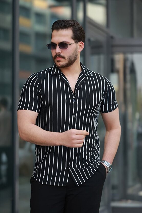 munn collection Erkek Kısa Kollu Beyaz çizgi Desenli örme Kumaş Pamuklu Gömlek