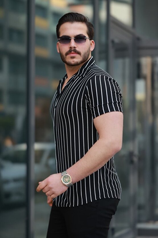 munn collection Erkek Kısa Kollu Beyaz çizgi Desenli örme Kumaş Pamuklu Gömlek