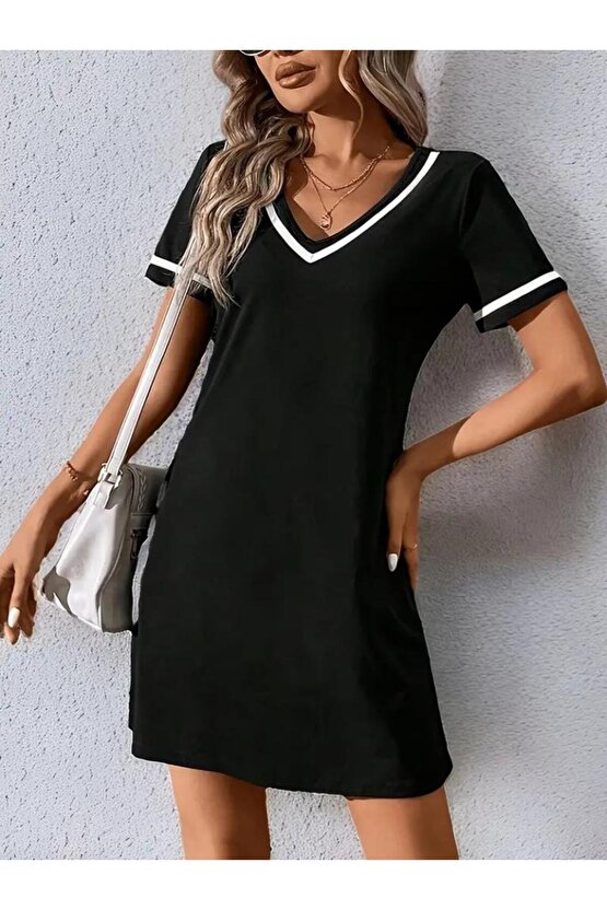 Kadın Kısa Kollu V çizgili Yakalı Kısa Viskon Elbise