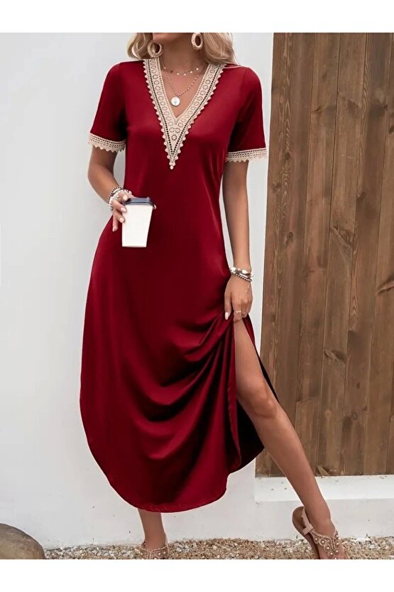 Kadın Kısa Kollu Dantel V Yakalı Uzun Viskon Elbise