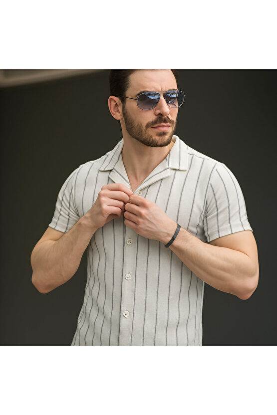 munn collection Erkek Kısa Kollu Gri çizgi Desenli örme Kumaş Pamuklu Gömlek