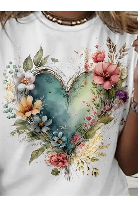 Kadın Kısa Kollu Bisiklet Yaka Kalp Desenli Süprem Bluz