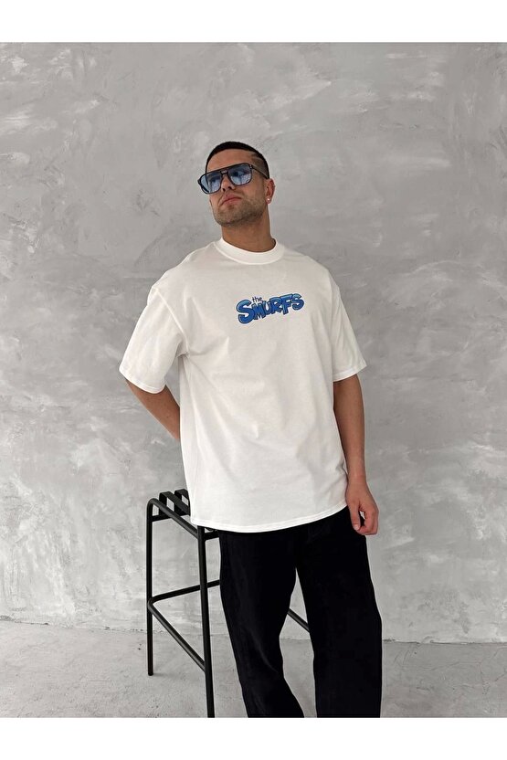 Ön ve Arka Baskılı Oversize Bisiklet Yaka T-shirt- Beyaz