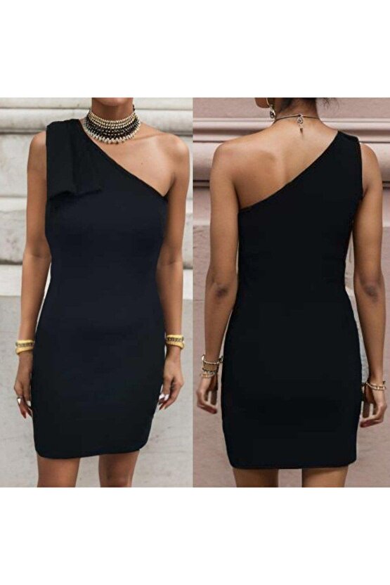 Kadın Tek Omuzu Açık Kelebek Detaylı Janjan Krep Elbise