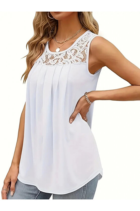 munn collection Kadın Askılı Yuvarlak Yaka Dantel Detaylı Viskon Bluz