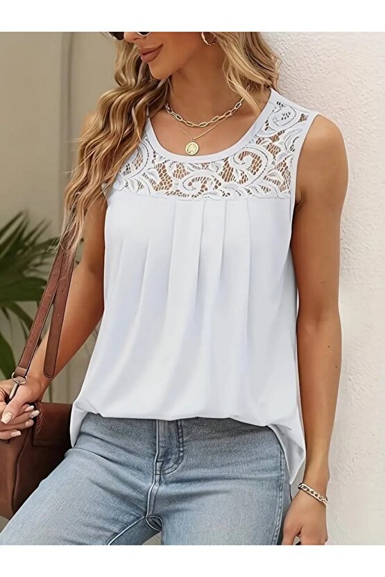 munn collection Kadın Askılı Yuvarlak Yaka Dantel Detaylı Viskon Bluz