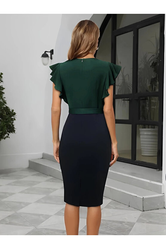 Kadın Kısa Kollu Kruvaze Yaka Beli Kuşaklı Blok Desenli Ithal Krep Elbise