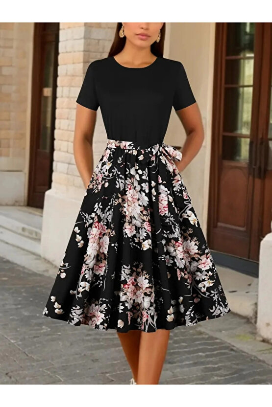 MDB Kadın Kısa Kollu Bisiklet Yaka çiçek Desenli üst Viskon Alt Süprem Kısa Elbise