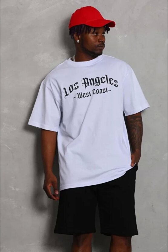 Unisex Oversize Baskılı Bisiklet Yaka T-Shirt - Beyaz