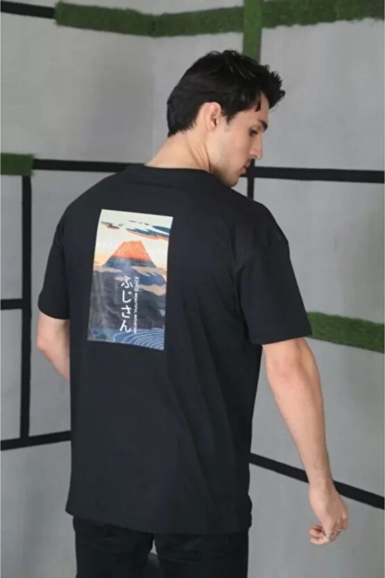 Unisex Bisiklet Yaka Baskılı Oversize T-Shirt - Siyah