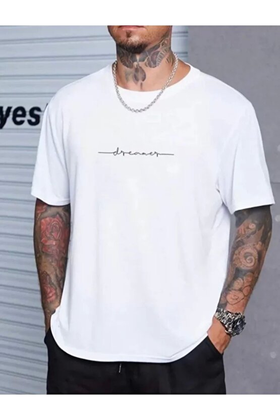 Unisex Baskılı Oversize T-Shirt - Beyaz