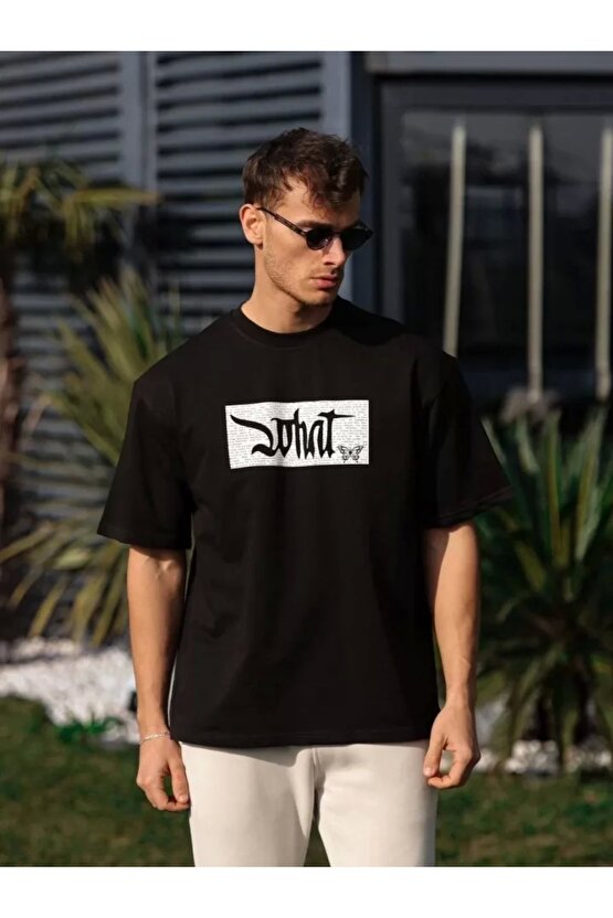 Unisex Bisiklet Yaka Baskılı Oversize T-Shirt - Siyah