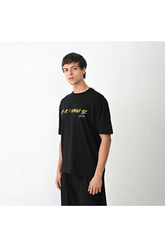 Edolika Unisex Bisiklet Yaka Baskılı Oversize T-Shirt - Siyah