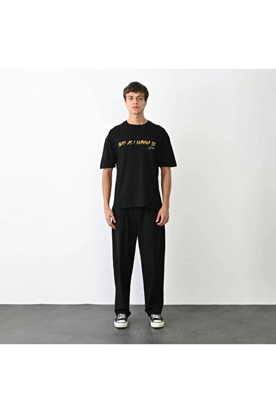 Edolika Unisex Bisiklet Yaka Baskılı Oversize T-Shirt - Siyah