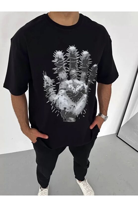 Unisex Bisiklet Yaka Baskılı Oversize T-Shirt - Siyah